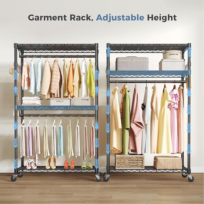 OLIXIS Rolling Clothes Rack, Heavy Duty Garment Rack, 47 IN, Black | Adjustable Closet Organizer for Hanging Clothes, Portable Closet with 2 Side Hooks