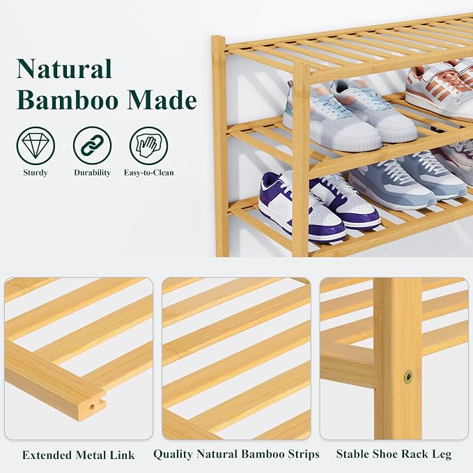 Smiry Bamboo Shoe Rack, 14 Vertical Slats, 2 Tier - 26.8" Wide, Natural | Stackable Free Standing Wooden Shoe Organizer, Wood Shoe Storage Shelf for Closet, Entryway, Thicher Leg