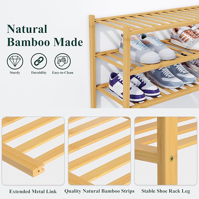 Smiry Bamboo Shoe Rack, 14 Vertical Slats, 6 Tier - 26.8" Wide, Natural | Stackable Free Standing Wooden Shoe Organizer, Wood Shoe Storage Shelf for Closet, Entryway, Thicher Leg