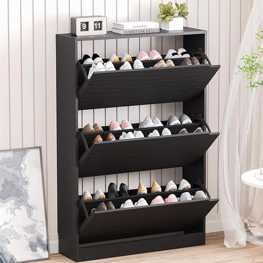 BORNOON Shoe Storage Cabinet with 3 Flip Drawers,Narrow Shoe Rack Cabinet,Freestanding Organizer Storage for Entryway, Hallway, Black