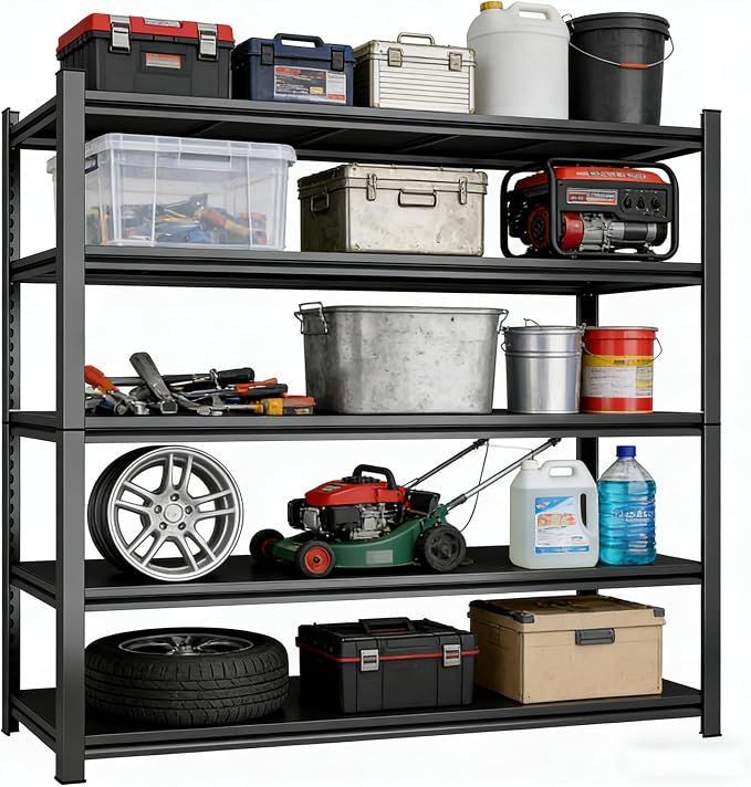 5Tier Storage Shelves Heavy Duty Adjustable Metal Garage Shelving Unit Rack Metal Storage Shelf Heavy Duty Shelf for Heavy Tools and Equipment, Ideal for Garage, Basement, Black