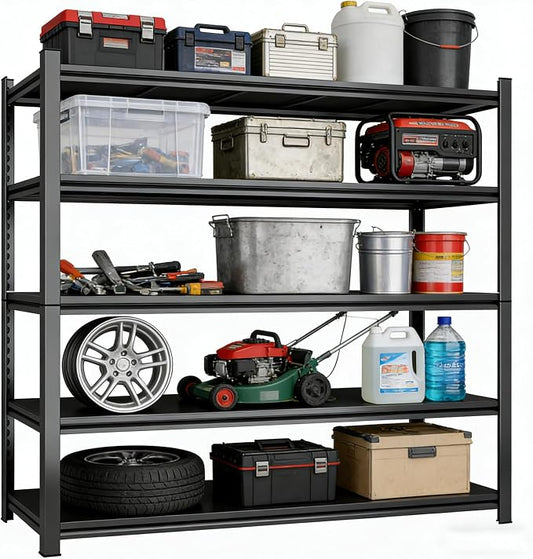 5Tier Storage Shelves Heavy Duty Adjustable Metal Garage Shelving Unit Rack Metal Storage Shelf Heavy Duty Shelf for Heavy Tools and Equipment, Ideal for Garage, Basement, Black