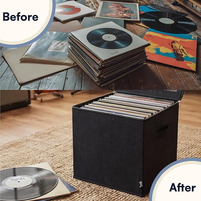 Vinyl Record Storage Box with Zip Closure – Holds Up to 90 12 Inch Vinyl Records – Collapsible Crate, LP Storage Boxes, Records Box – Stackable Record Case, Black, 4 Pack