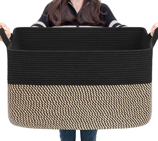 Goodpick 75L Extra Large Woven Blanket Basket, 22" x 17" x 12", Black Jute | Decorative Rectangle Basket for Blankets, Pillows & Toys Storage, Living Room & Bedroom Organization, Nursery & Home Decor
