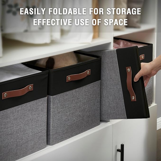 Bagnizer 13x15x13 Storage Cube Bins, Foldable Storage Organizer Baskets, Fabric Cube Storage Boxes with 2 Reinforced PU Handles for Kallax, Shelves, Living Room | 4 Pack, Black & Gray