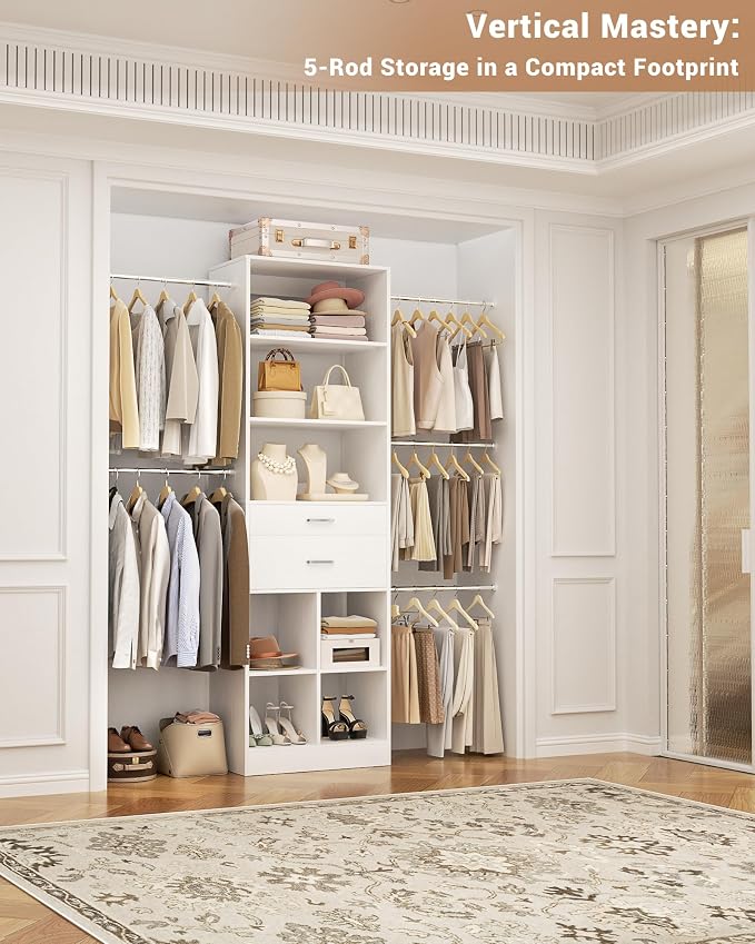 Besiost Small Closet System, 3.2-6.8FT Small Closet Organizer with 2 Wooden Drawers & 5 Hanging Rods, Can Fit 37.5 to 81.9 inch Walk-in Closet System, Built-in, White, Enclosed Storage Volume 2.32 ft³