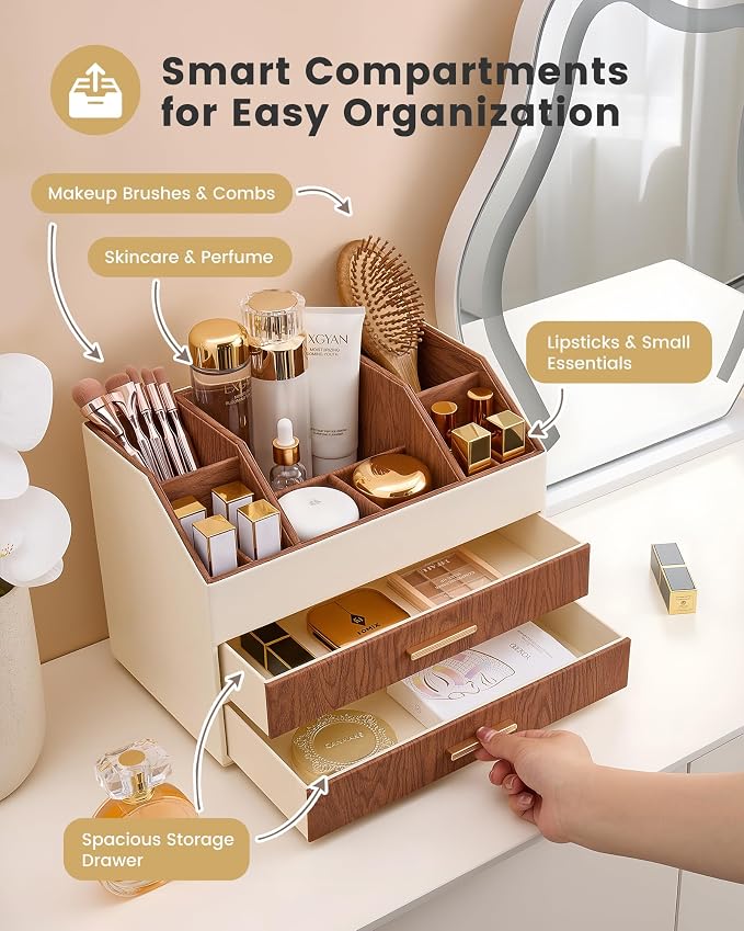 Lolalet 3-Layer PU Leather Makeup Organizer for Cosmetic Vanity -Walnut | Large Bedroom Dsek Countertop Cosmetic Organizer with Brush Holder, Skincare Storage for Lipsticks, Nail Polish, Perfume