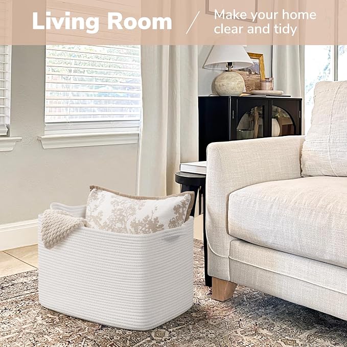 Goodpick 50L Large Cotton Rope Blanket Basket, 18" x 14" x 12", White | Blankets, Pillows & Toys Storage, Living Room & Bedroom Organization, Decorative Storage Basket, Neutral Home Decor