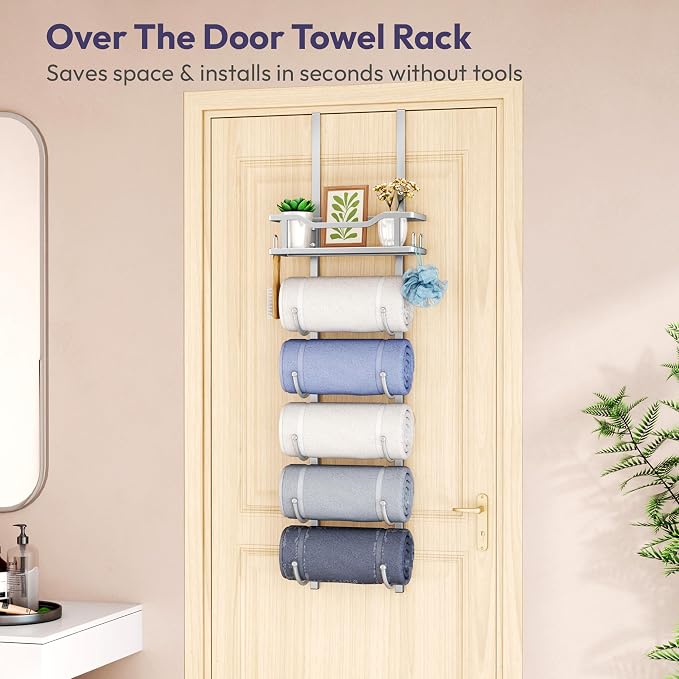 SWTYMIKI Over the Door Towel Rack - 6 Tier Towel Racks for Bathroom Wall Mounted, Towel Holder with Shelf, Hanging Rolled Towel Storage Organizer for Small Bathroom, Camper, RV, Sliver