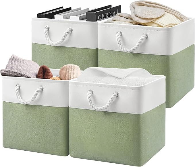 Patvingot 13-Inch Fabric Cube Storage Bins with Handles,4 Pack,Foldable | For cube shelves and closets,keeps grouped for everyday access,reinforced opening and fold-flat storage,white and green