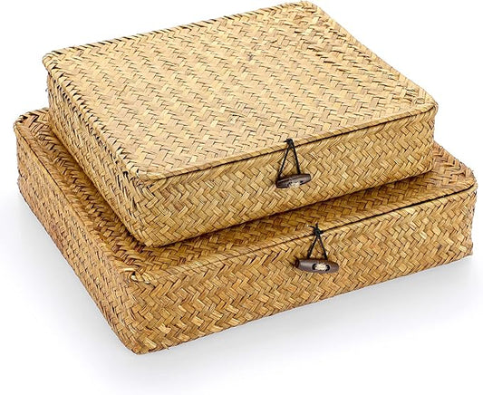 Hipiwe Set of 2 Flat Woven Wicker Storage Bins with Lid Seagrass Basket Box | Natural Handwoven Basket Multipurpose Home Organizer Bins Boxes for Shelf Organizer, Caramel