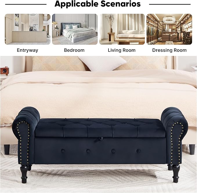 Storage Bench 51" Velvet End of Bed Benches Black | Queen Size Storage Bench for Bedroom with Rolled Arms Tufted Ottoman Benches Upholstered Bench for Living Room Entryway