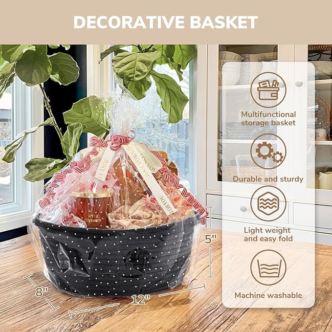 CHICVITA Small Woven Boo Basket Empty with Bags & Ribbon for Gift, Black | 12"x 8"x 5" Woven Gift Basket Empty to Fill, Baskets for Organizing, Cute Basket for Dogs Cats, Organizer for Shelves