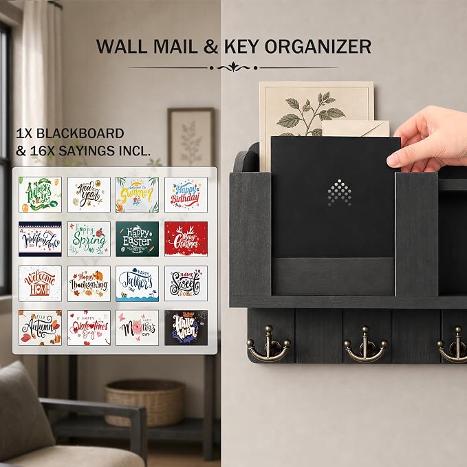 Rebee Vision Key Holder Wall Mount with Chalkboard for Entryway, Black | Key Holder for Wall, 4 Key Hooks, Floating Shelf, Key Hanger, Mail Organizer, Storage for Letters, Notes, Stylish Home Decor