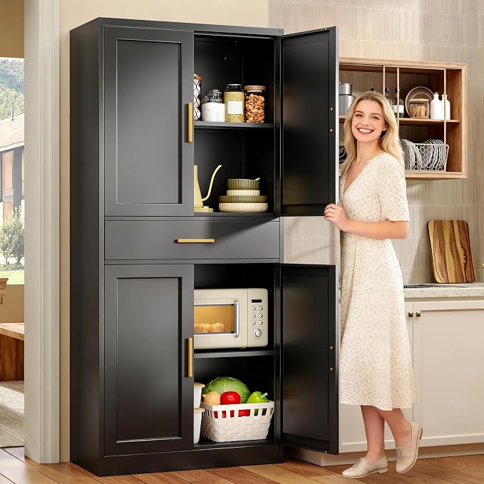 71”Tall Kitchen Pantry Cabinet, Metal Storage Cabinet with Doors and Shelves (Black, 1 Drawer)