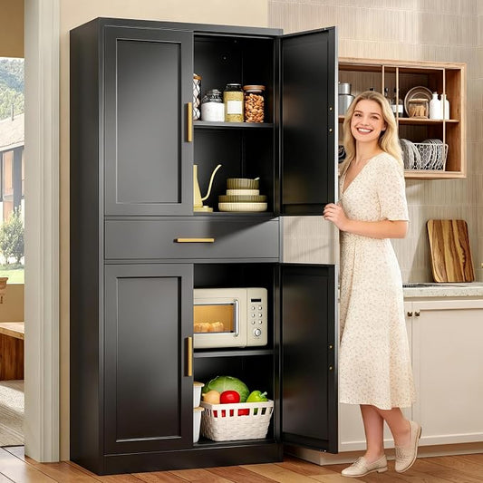 71”Tall Kitchen Pantry Cabinet, Metal Storage Cabinet with Doors and Shelves (Black, 1 Drawer)