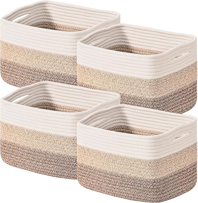 ICERZCZ Shelf Baskets for Organizing, Storage Baskets for Shelves, Woven Baskets for Storage, Cotton Rope Baskets with Handles for Toy, Book, Clothes, 12.5"Lx9.1W"x7.9H", (4 Packs) Gradient Brown