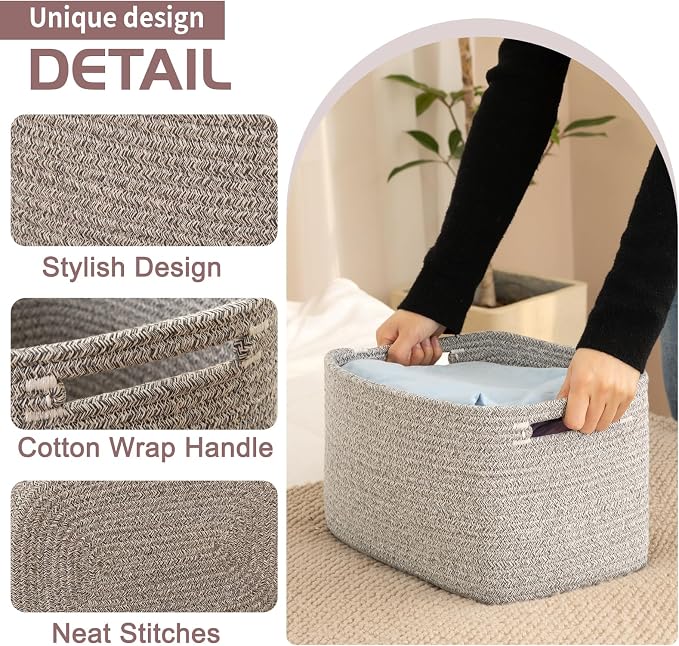 OIAHOMY 4 Pack Storage Baskets for Organizing, Cube Storage Bins for Shelves, Rectangle Storage Baskets With Handles, Woven Baskets for Storage, 16''Lx12''Wx8''H, Grey