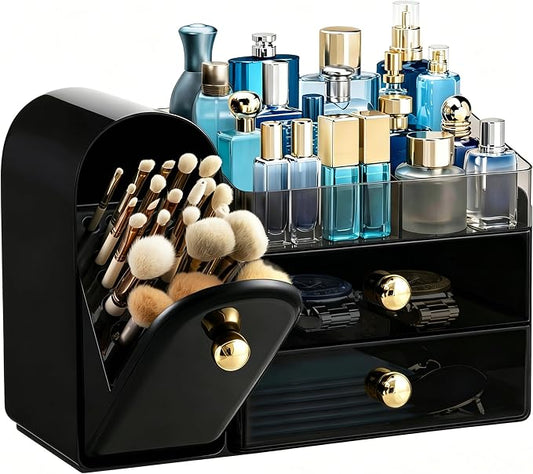 HBlife Makeup Organizer Countertop with Drawers, Vanity Organizers with Brush Holder, Bathroom Counter Organizer for Perfume, Nail Polishes, Lipsticks, Skincare and Eyeshadow Palettes, Black and Gold