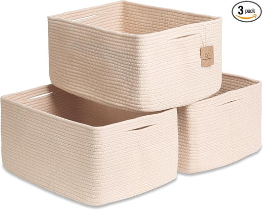 NaturalCozy Storage Baskets 16.8”x13”x7.6” Cotton Rope Woven Baskets for Organizing 3-Pack | Toy Storage Bins | Basket for Shelves, Laundry, Blanket, Clothes, Closet, Kitchen, Bathroom, Gifts