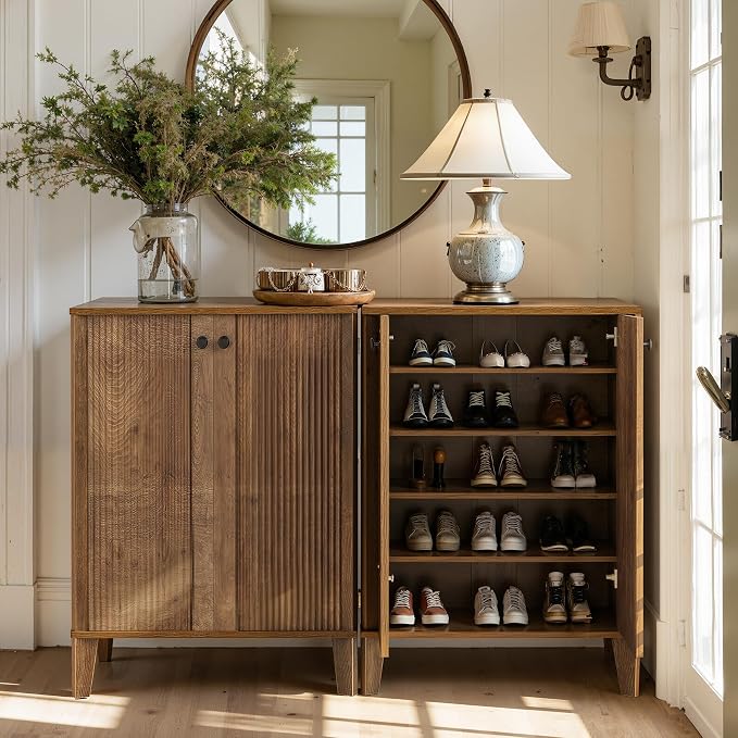 Little Tree Shoe Cabinet with Doors, 5-Tier Shoe Cabinet for Entryway, Modern Farmhouse Entry Way with 3 Adjustable & Removable Shelves for Entryway, Living Room, Mudroom, Rustic Brown