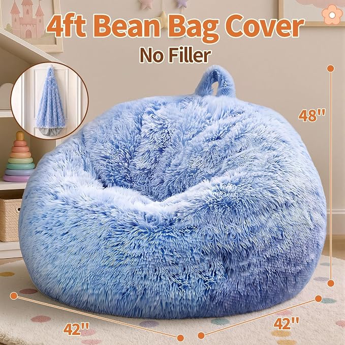 Stuffed Animal Storage Bean Bag Chair Cover, Soft Bean Bag Cover | Fluffy Faux Fur Stuffed Animal Storage Chair, Non-Slip Bottom, Fill with Plush Toys or Blankets, for Adults Teens Kids Girls