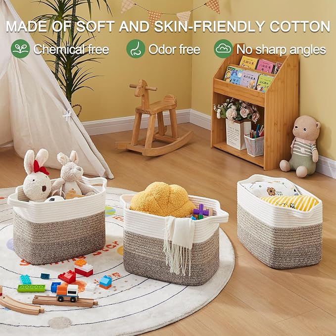 OIAHOMY Woven Storage Basket, Cotton Rope Baskets for Toys,Towel, Clothes, Used to Bathroom,Living Room,Nursery,Bedroom, 16"x12"x10"- Pack of 3, Gradient Dark Brown