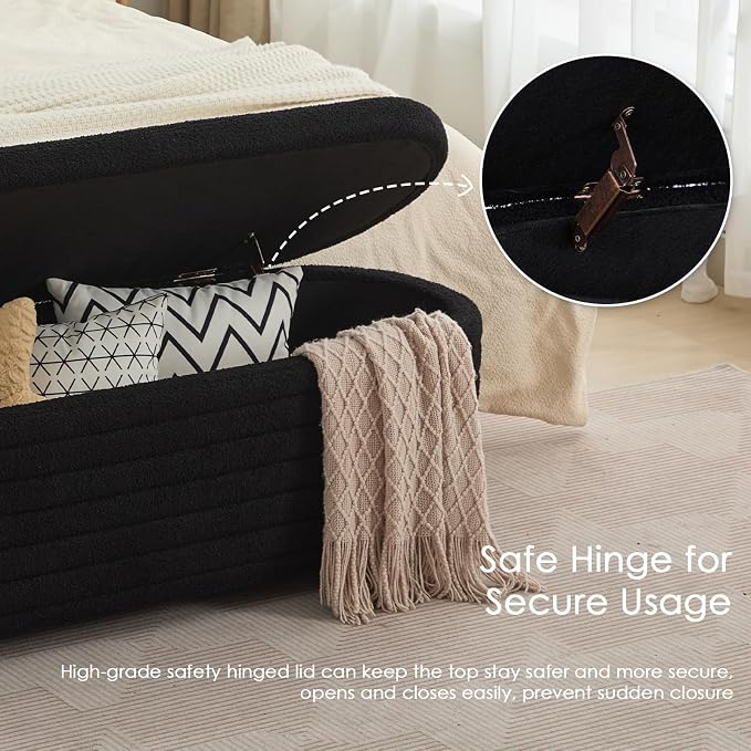 53" Storage Bench Teddy Ottoman Bench Upholstered Fabric Bench End of Bed Stool with Safety Hinge for Bedroom, Living Room, Entryway, Black