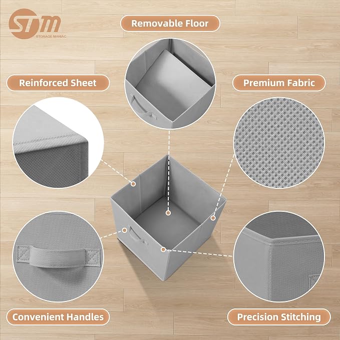 STORAGE MANIAC Storage Cubes, 13 Inch Collapsible Storage Bins with Handles, 6 Pack Fabric Foldable Bins for Organization, Durable Storage Bins for Closet, Shelves, Offices, 6-Pack Grey