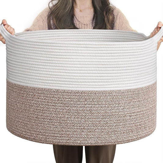 INDRESSME Large Woven Rope Blanket Basket Living Room Brown, 65L | 19.7" x 12.6" Storage baskets for laundry, toys & pillows. For living room, bedroom or nursery decor. soft-touch, gift basket