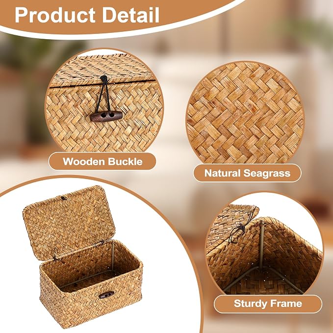 Hipiwe Small Seagrass Wicker Box with Lid Decorative Shelf Basket Bin | Handwoven Basket Storage Boxes for Home Decor, Multipurpose Desktop Organizer, Caramel 7.0" x 4.3" x 3.3"
