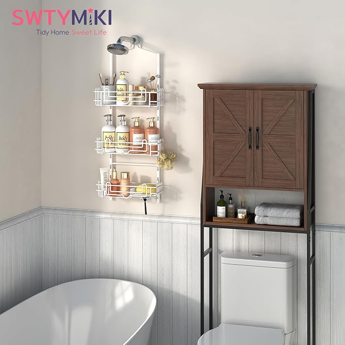 SWTYMIKI Shower Caddy Hanging Organizer - 3-Tier Rustproof Shower Organizer Over Showerhead with Adjustable Baskets, 24 Hooks, Soap & Razor Holder - No Drill Large Bathroom Storage Rack, White