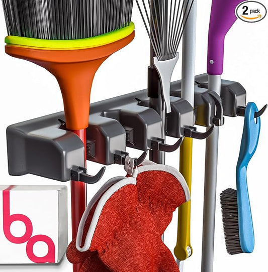 EXTRA GRIP Mop & Broom Holder Wall Mount - Wall Hanging Garden Tool & Utility Closet Organizer, Mop & Broom Hook, Broom Hanger Wall Mount, Mop Broom Organizer, Wall Mounted Broom Rack Storage (2 Pack)