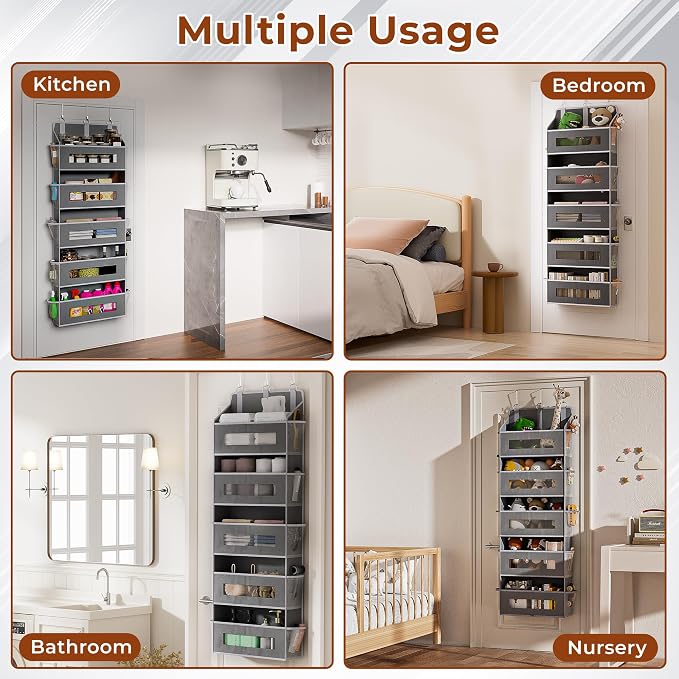 3 Pack 5 Tier Over The Door Organizer - Large Capacity Behind Door Hanging Shelves with 10 Mesh Pockets and Clear Windows, Closet Organizers and Storage for Bathroom, Bedroom, Nursery, Grey