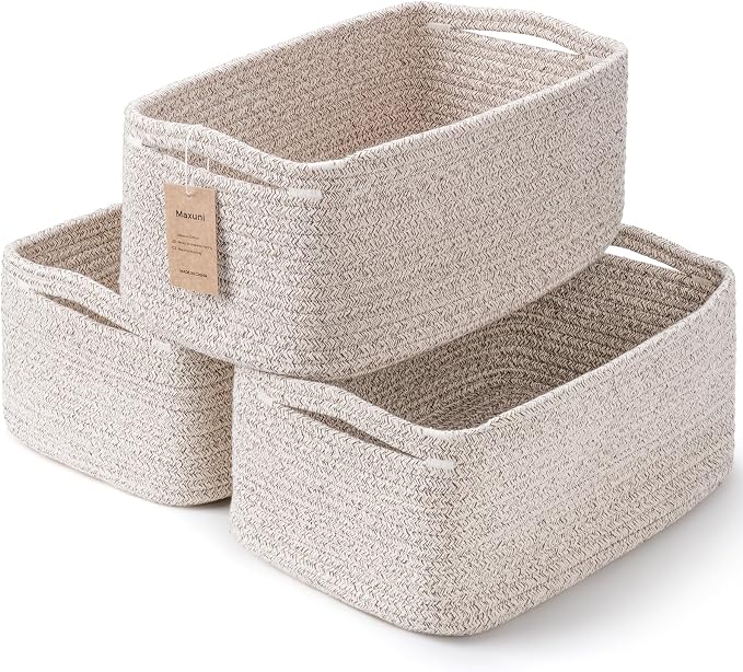3-Pack Small Storage Baskets for Organizing | Woven Shelf Toy Basket | Rope Baskets for Gifts Empty | Closet Organizer Bins with Handles | Cube Decorative Box | 11.8×7.8×5.1” | Mixed brown