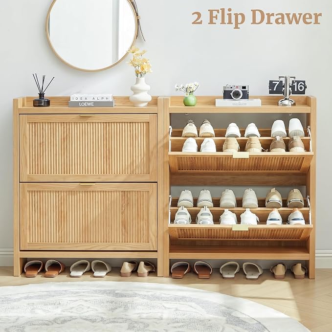 Fluted Shoe Storage Cabinet with 2 Flip Door for Entryway | Farmhouse, Natural color, Adjustable shelves, Tabletop guardrail, Freestanding shoe storage cabinet, for Entryway/hallway