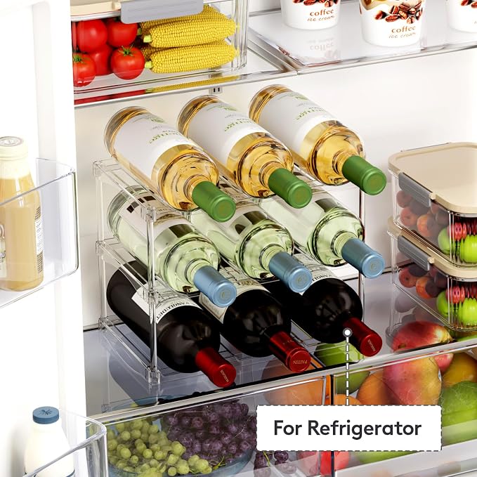 Lifewit Stackable Bottle Storage Organizer, Clear Freestanding Wine Holder for Cabinet, Large Slot Water Bottle Tumbler Cup Organizer for Pantry, Plastic Wine Rack for Fridge Cellar, 3Tier Hold 9
