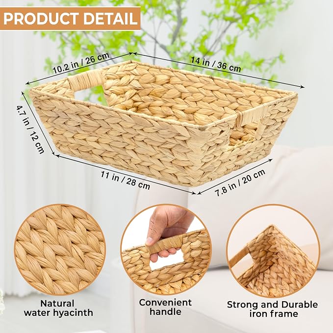 M4DECOR Set of 12 Water Hyacinth Wicker Storage Baskets for Shelves – Woven Snack Baskets for Organizing Pantry, Closet – Natural Storage Bins with Handles (12 Packs)