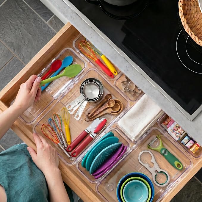 14 Pcs Expandable Clear Drawer Organizer|3-Size Extendable Drawer Dividers | Adjustable Plastic Storage Boxes, Arcrylic Storage Bins for Makeup Vanity Drawer Dresser DIY Desk Office Kitchen Utensils