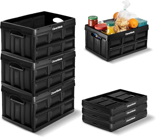 CleverMade Collapsible Storage Bins, 32L, 3 Pack, Obsidian | Reinforced plastic handles groceries, tools, and sports gear. Interlocking bins stack open and nest compactly when folded.