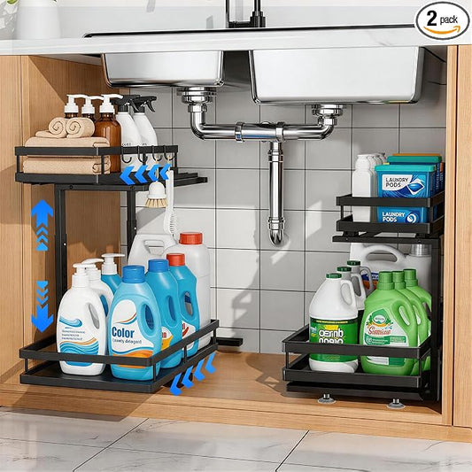 2 Pack Under Sink Organizer, 2-Tier Metal Shelf, Black | Carbon steel 2-tier set, ball-bearing slides, adjustable height, no-drill setup, for kitchen and bathroom cabinets