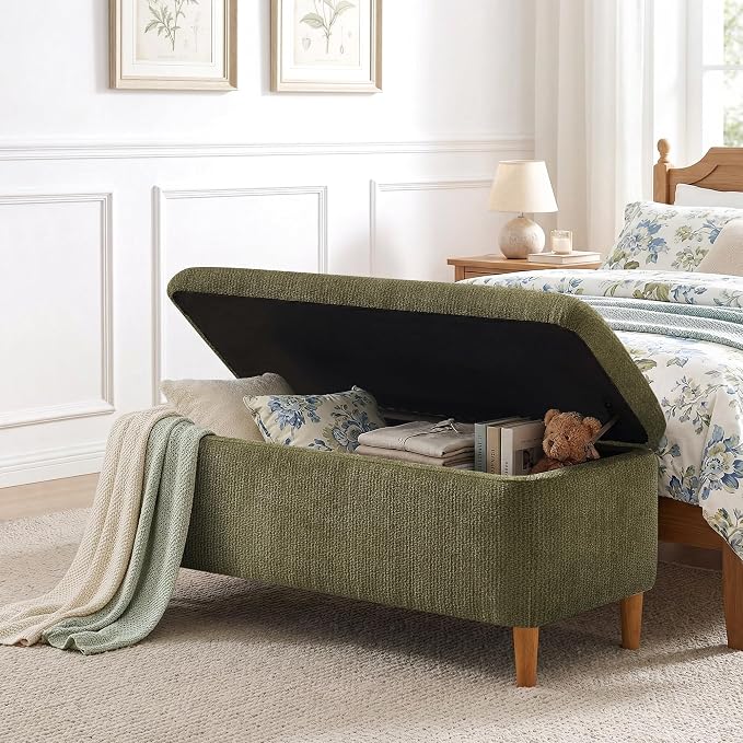 39.4”Ottoman with Storage Set of 2,Upholstered Comfy Storage Bench Ottoman with Wooden Legs,End of Bed Bench Footstool for Hallway Entryway Bedroom Living Room Corner Green