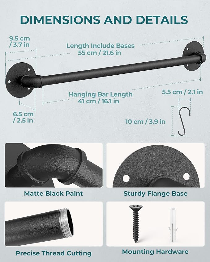 OROPY 21'' Pot Rack Wall Mounted, Iron Pipe Hanging Rack, 10 S Hooks, 2Pack | Industrial Utensils Kitchen Hanging Rail, Pot and Pan Organizer, Pot Lid Organizer, Black