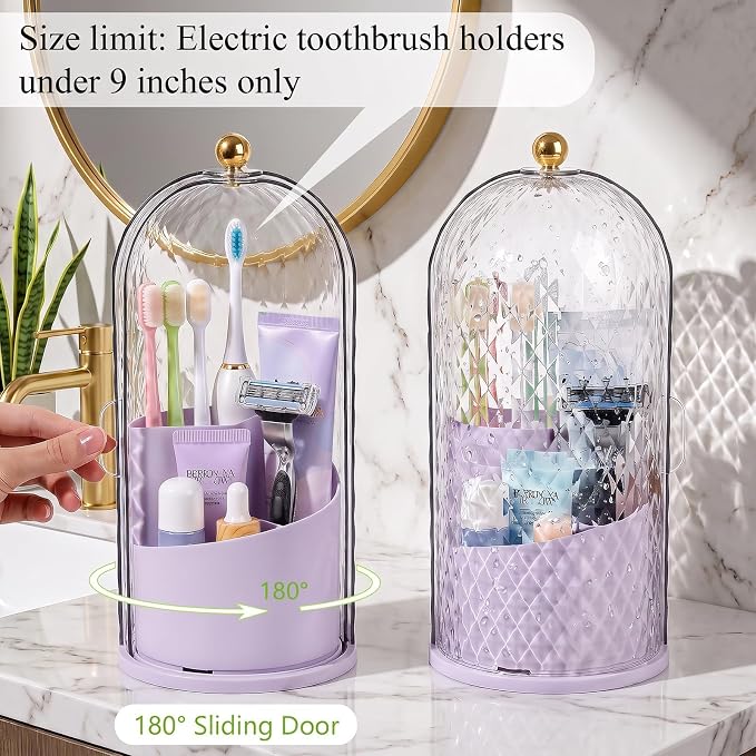 Toothbrush Holder with Cover for Bathroom Countertop, Organizer, Purple | Rotating 3 Slot Holder for Electric Toothbrushes, Toothpaste, Self Draining Vanity Organizer, Makeup Brush Storage