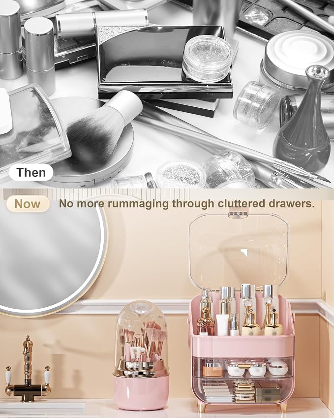Makeup Organizer Countertop, Skincare Holder Bathroom Counter Organizer, Storage Box Cosmetic Display Cases, Teen Girl Gifts Make up Organizers (Pink/Brush)