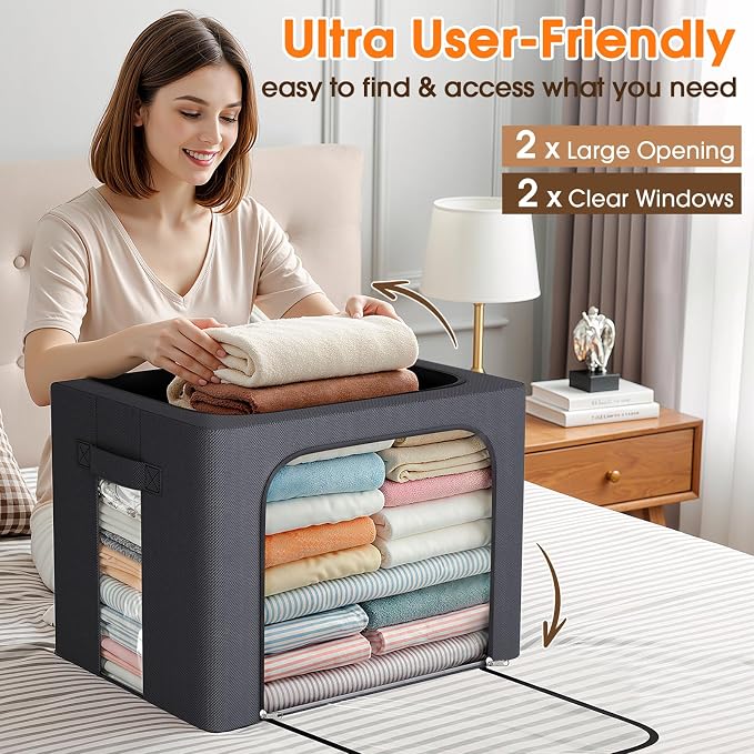 8 Pack Clothes Storage Bins with Metal Frame,Stackable Organizer Bins with Handles for Closet & Bedroom(Light Grey)