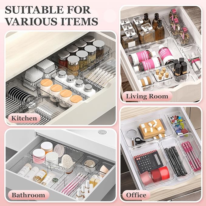 DILIBRA 16 Pcs Clear Extendable Drawer Organizer, Adjustable Drawer Storage 3-Size Desk Drawer Organizer, Plastic Non-Slip Storage Bins for Makeup, Cosmetic, Jewelries, Utensils, Stationery, Dressers