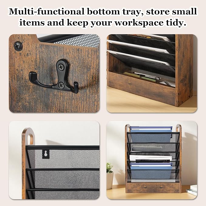 EHWINE Wall File Organizer, 6 Tier Hanging Wall File Organizer with Bottom Tray, Mail Organizer Wall Mount, Wooden Desk Organizer for Office or Home