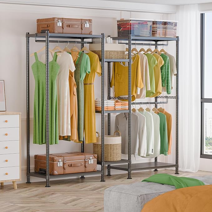 LEHOM G6 Clothes Rack, Heavy Duty Freestanding Garment Rack with Shelves | Metal Clothing Closet Wardrobe Storage System for Hanging Clothes (7 Shelves), 76.8"D x 17.7"W x 74.4"H, Hold 800 lbs, Black