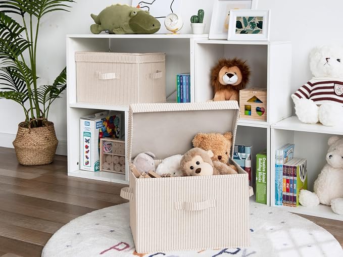 StorageWorks Fabric Storage Bins with Lid, Decorative Storage Boxes for Shelves, Stackable Closet Organizer Basket with Handles, Large, Khaki and Beige Stripes, 2-Pack